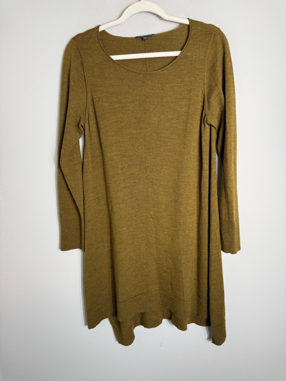Eileen Fisher Merino Wool Sweater Dress-Long Sleeves-Shift-Green Brown-Medium